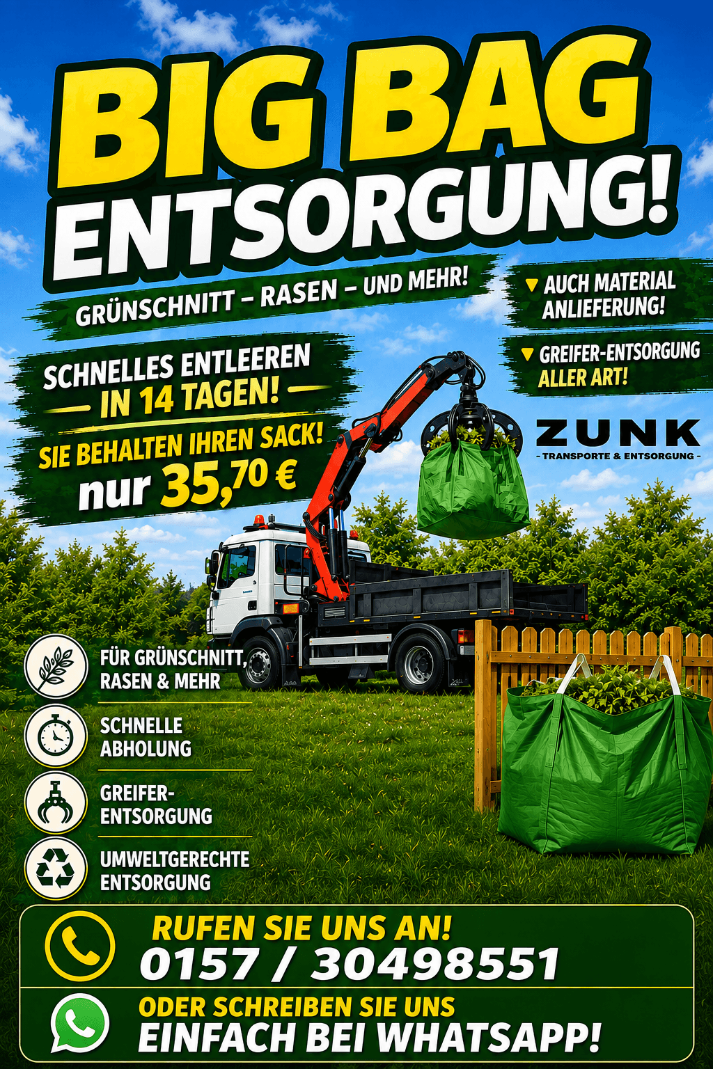 Zunk Big Bag Entsorgung Flyer – 35,70 € Entleerung, Grünschnitt und Rasen, schnelles Entleeren in 14 Tagen
